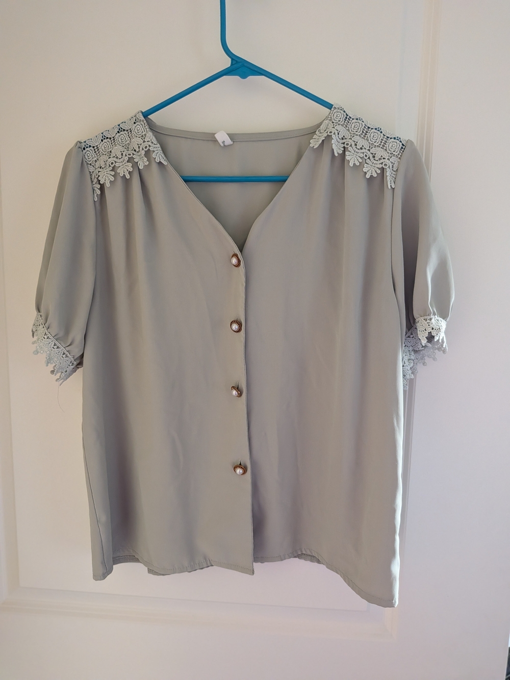 Lace-Trim V-Neck Button Front Blouse - Light Gray